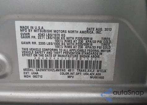 2014 Mitsubishi Outlander Sport Se из США, поврежденный, VIN 4A4AR4AUXEE007589